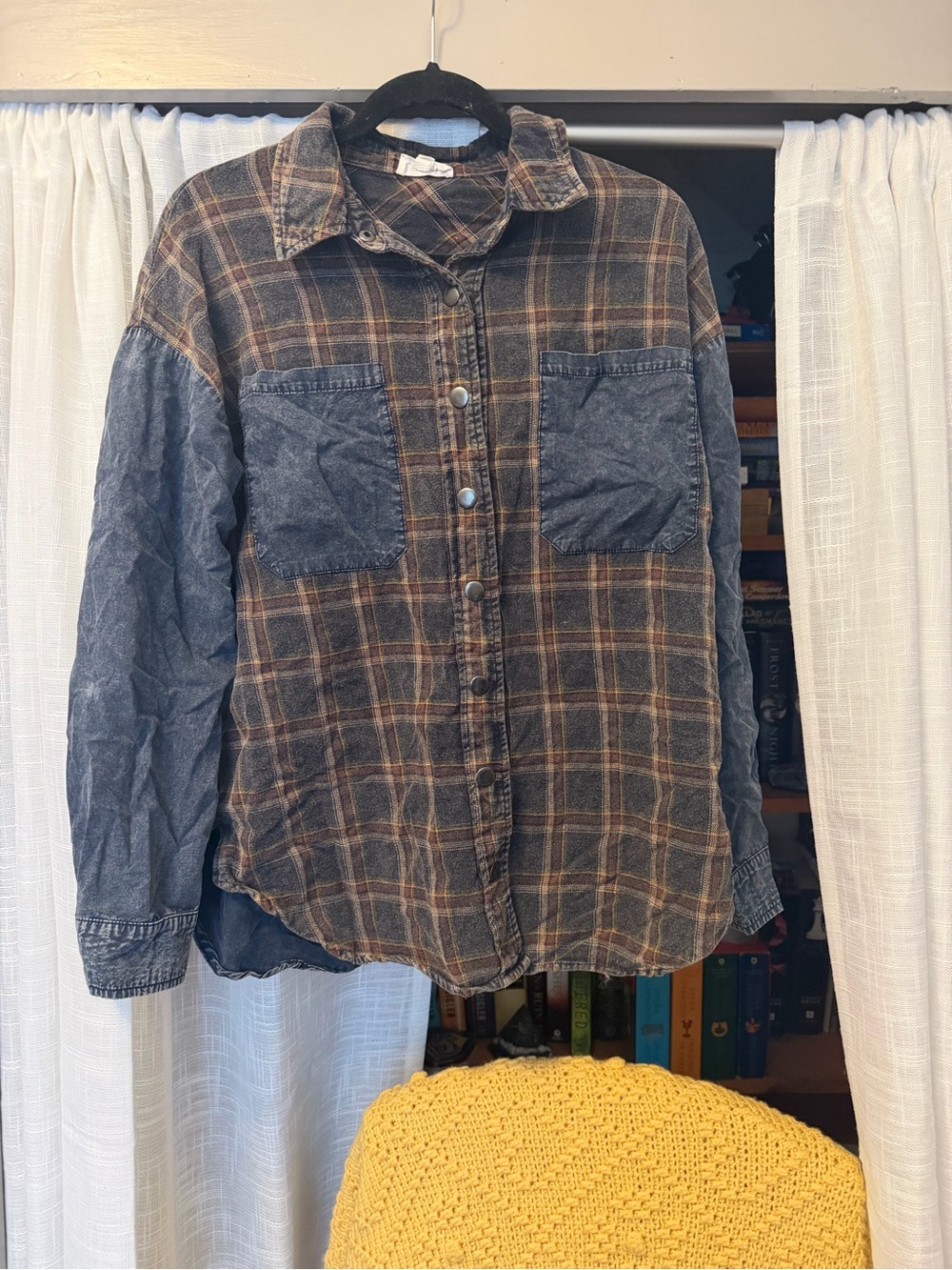 Two-Tone Plaid Button-Up Shirt with Denim Pockets